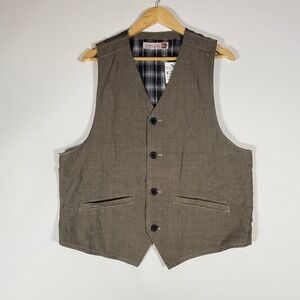 NEW Sovereign Code Mens Lucas Vest XL Beige Brown Herringbone Plaid Lined Office